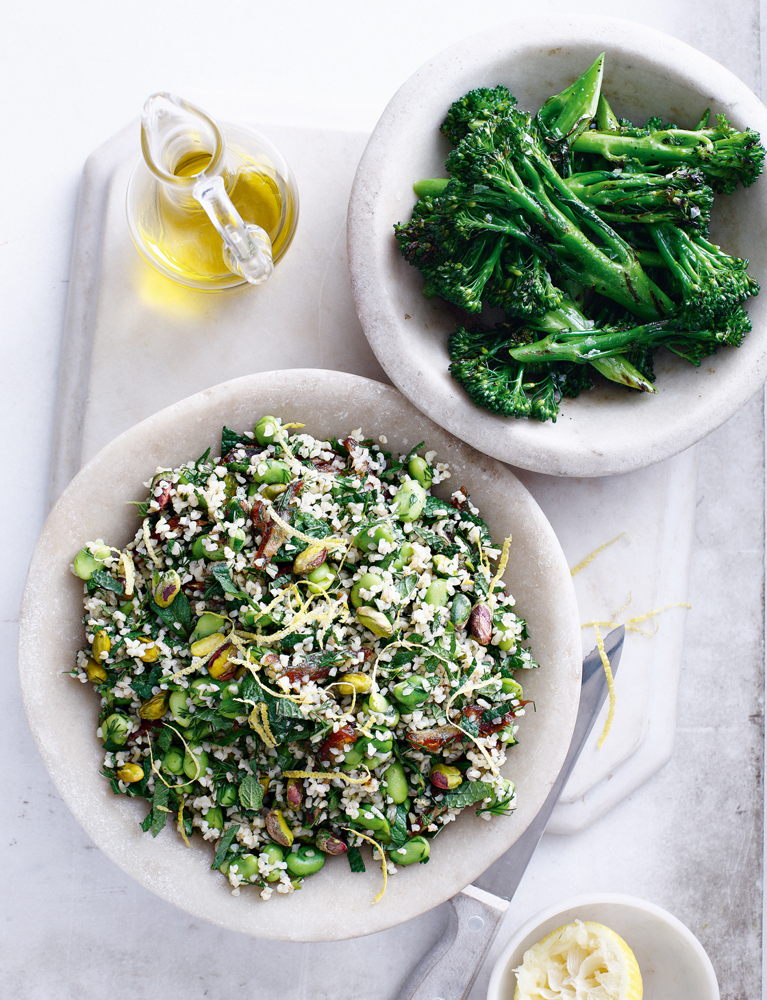 Salad of bulgur, broad beans and dates with griddled broccoli